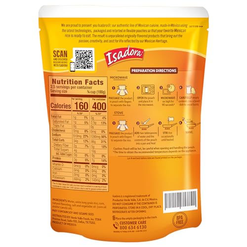 ISADORA PRE-COOKED MICROWAVE MEXICAN RICE WITH CORN, READY-TO-EAT, NO REFRIGERATION, HEAT AND EAT FLAVORED RICE, NON_GMO, MEXICAN FOOD, 8.8 OZ, 1 PACK