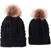 JEHANOIRY 2PCS Parent-Child Hat, Mother & Baby Daughter/Son Winter Warm Knit Hat Family Crochet Beanie Cap with Pom Pom