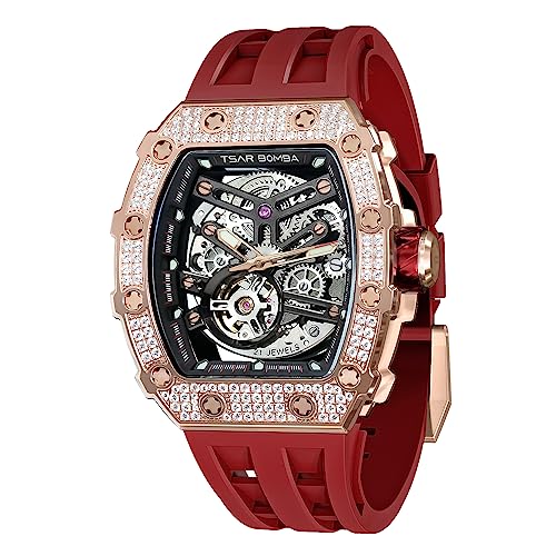 TSAR BOMBA Men's Automatic Watch Skeleton Watch Luxury Barrel Mechanical Watch 50m Waterproof Analog Watch