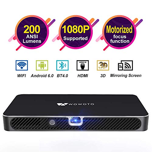 Mini Projector WOWOTO A8 Pro 200 ANSI Lumen Android 6.0 Support Full HD 1080P Smart Wi-Fi Projector 4200mAh battery 150″Image DLP Video Projector with BT4.0/HDMI/USB/Outdoor Projector for Home Theater