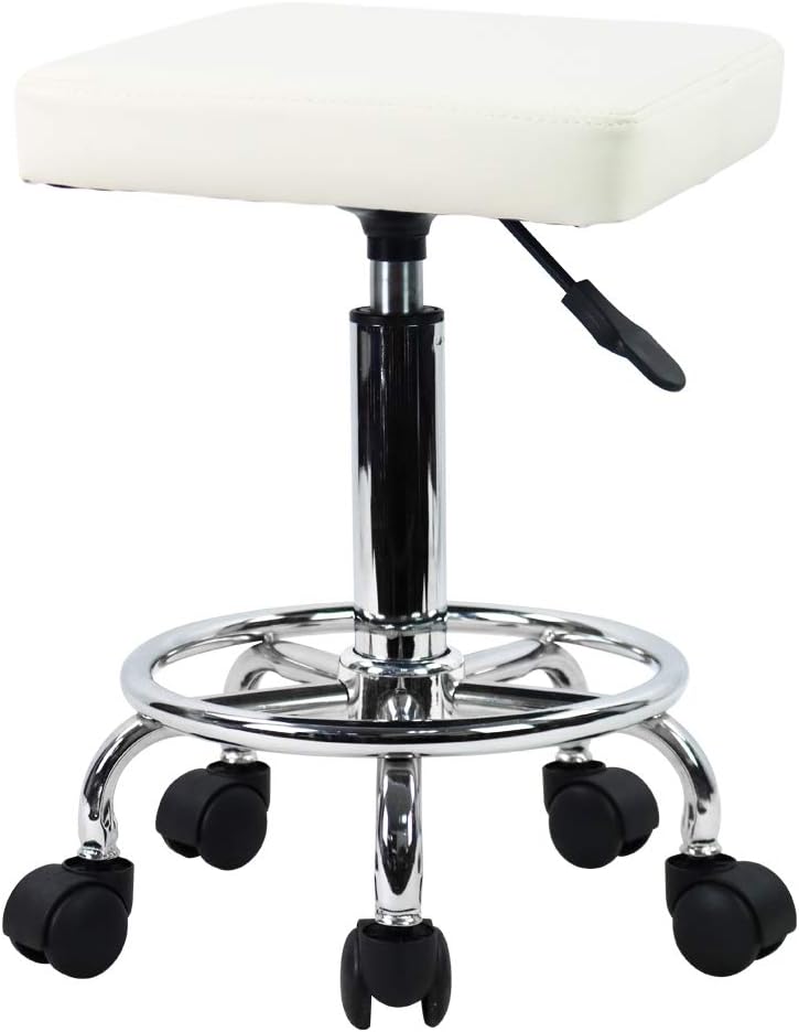 KKTONER Square Rolling Stool with Foot Rest PU Leather Height Adjustable Medical Spa Drafting Salon Tattoo Work Swivel Stools Task Chair Small (White): Kitchen & Dining