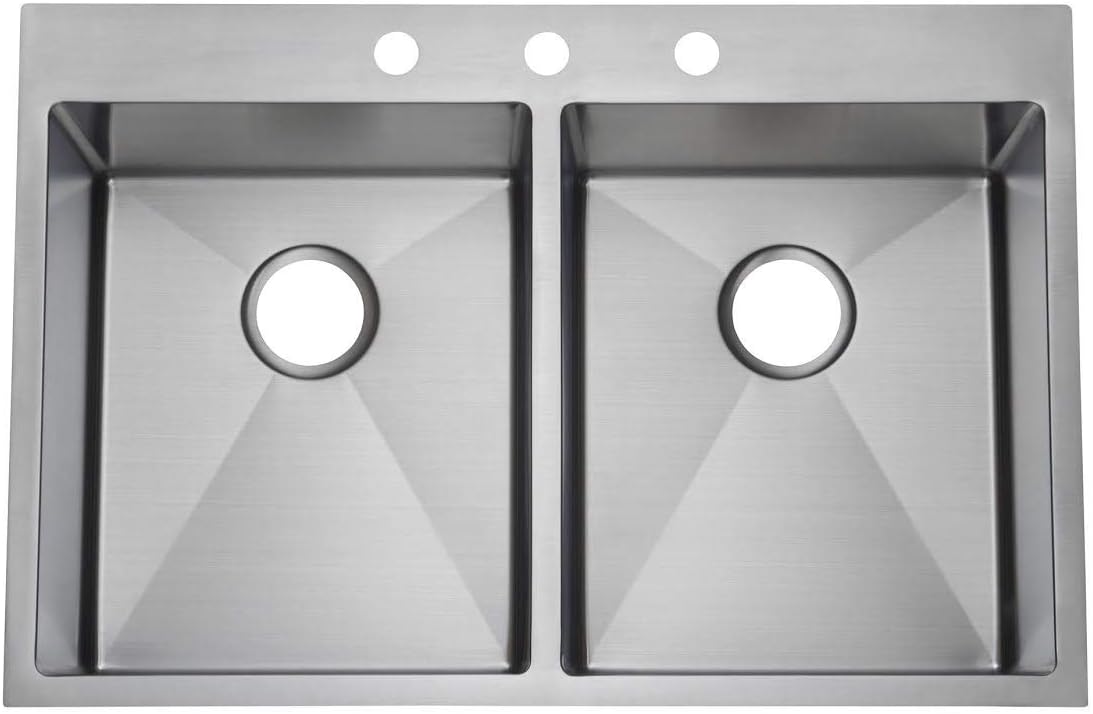 Starstar 304 Stainless Steel Drop In/Topmount Kitchen Sink, 33 Inch 50/50 Double Bowl (Without Colander, Grid)