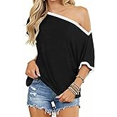 BONITEE Womens Off The Shoulder Shirt Boat Neck Oversized Tshirts Short Sleeve Tops 2026 Summer Casual Loose Clothes Tunic