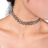 Kingfansion Stretch Gothic Tattoo Henna Choker Hippy Pendant Necklace Elastic 80s 90s (Black)