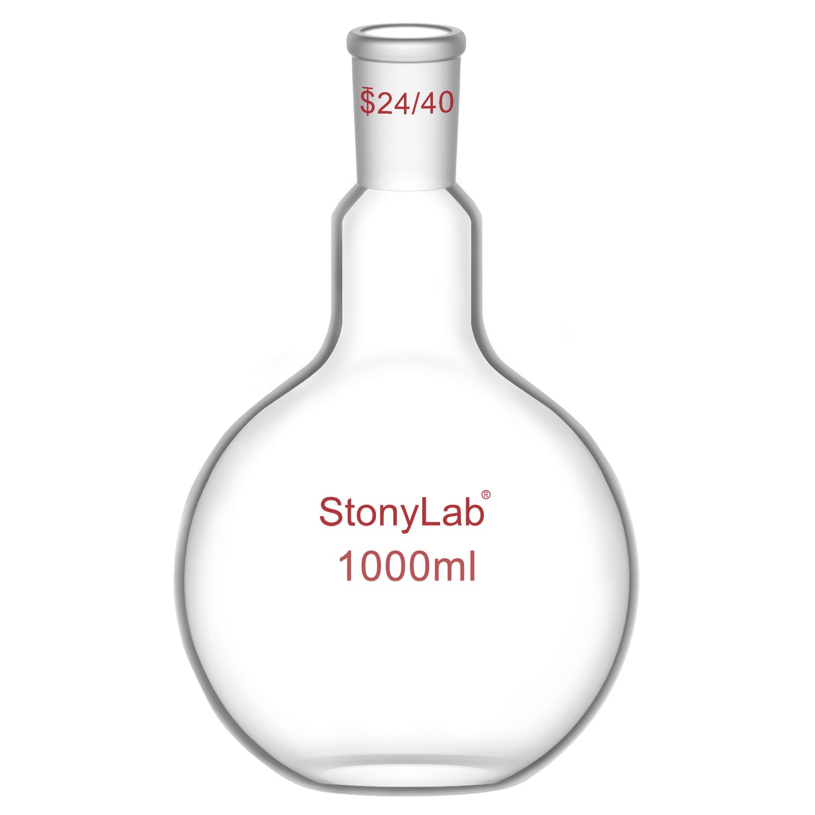 StonyLab Borosilicate Glass Heavy Wall Single Neck Flat Bottom Boiling Flask, with 24/40 Standard Taper Outer Joint, 1000ml