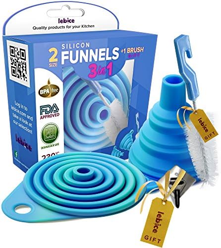 Kitchen Collapsible, 4 Flexible Silicone Funnels, Large and Small Funnel Set, for Oil, Food and Water Bottles, BPA-Free + Brush and Recipes E-Book | by Lebice (4 Colors)