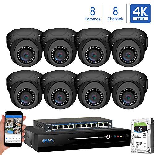 GW Security 8 Channel 4K NVR 8MP IP Camera Network PoE H.265 Surveillance System with 8-Piece Ultra HD 4K 2160P Weatherproof Outdoor/Indoor Dome Security Cameras - Grey