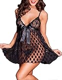 Svuencio Women's Plus Size Sexy Lingerie Black Mesh Babydoll Set with Polka Dots
