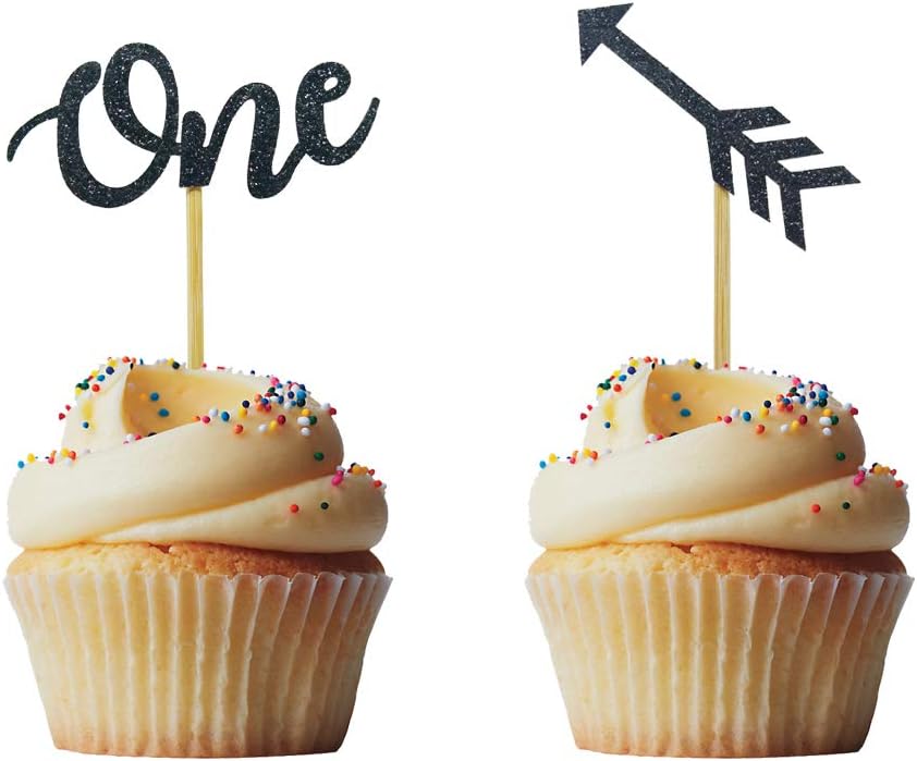 Morndew 24 PCS Black 1st First Birthday Arrow Cupcake Topper for Baby Shower Birthday Party Wedding Party Decorations