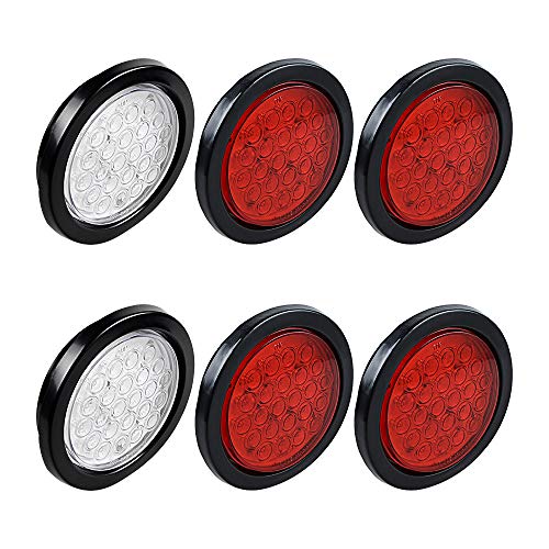 4pcs White Back-up Reverse Lamp + 2X Red Stop Brake Tail Light 24-LED 4" Round Kit for Truck Trailer RV
