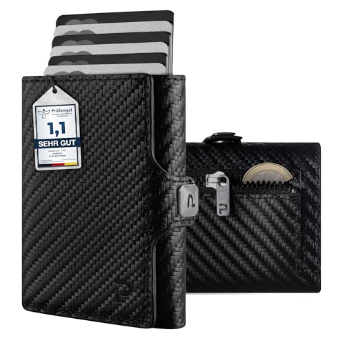 Puristo Klik Classic Slim Wallet Mit Münzfach - Mini-Geldbörse Für Herren Aus Echtleder - Kleines Kartenetui Mit Rfid-Schutz Für 10-14 Karten - Carbon