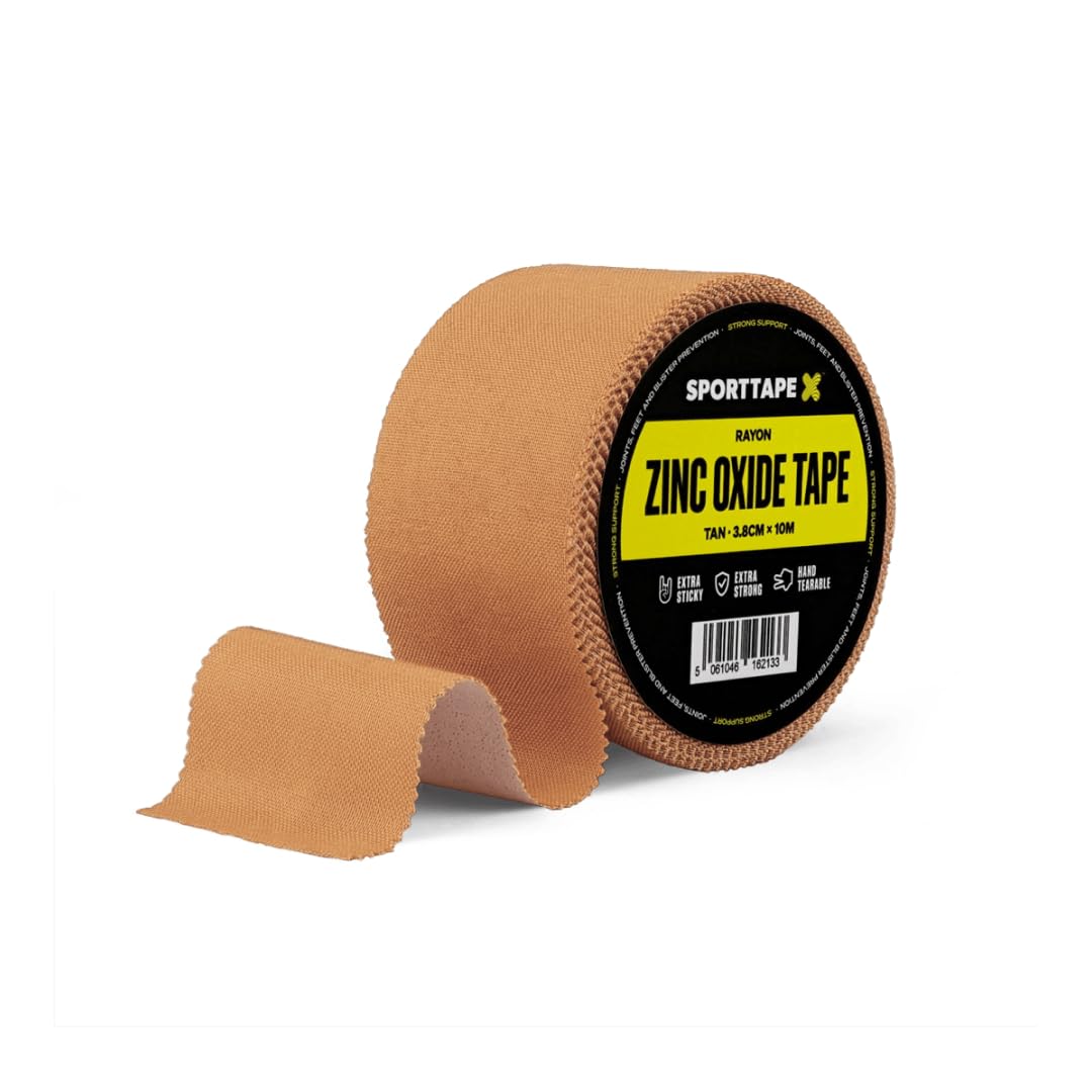 SPORTTAPE Tan Zinc Oxide Tape 3.8cm x 10m – Rigid Rayon Athletic Tape for Blister Prevention, Ankle & Joint Support | Strong Adhesive Strapping for Rugby, Football, Physio – Single Roll