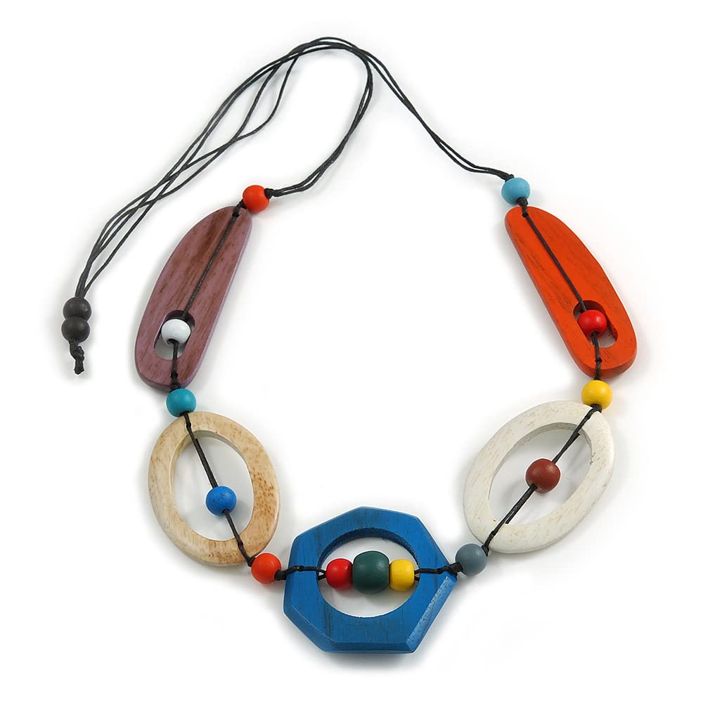 Avalaya Long Geometric Multicoloured Painted Wood Bead Black Cord Necklace - 90cm Max/Adjustable