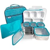 Stainless Steel Kids Bento Lunch-Box with Lunch Bag Ice Pack for Toddler Kids Adult, Leak-Proof School Lunch Container Boxes, Snack Food Containers for Daycare, 5 Compartment Snackle-Box 34 oz Blue