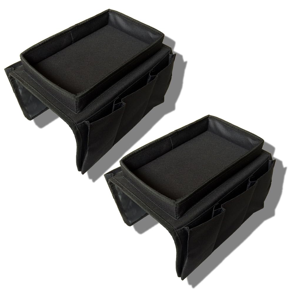 BEISIJIA Sofa Armrest Organizer With Cup Holder Tray, Couch Caddy TV Remote Control Storage Holder for Cellphone Tablets Magazines Book Glasses Cables Drinker Snacks Holder Pouch (Black+Black)