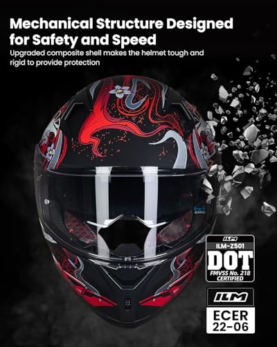 ILM Full Face Motorcycle Helmet for Men and Women – Motorcycle Helmet with 2 Visors Compatible with Pinlock Transparent and Coloured – Motocross Street Bike Helmet ECE Model Z501, Armor Red, M