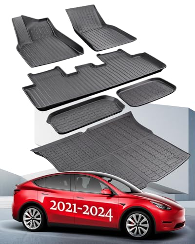 TAPTES for Tesla Model Y Floor Mats 2024 2023 2022 2021,for Tesla Model Y Floor Mats 2021-2024 All Weather TPE Floor Frunk Trunk Mats Cargo Liner,Waterproof Interior Accessories 5 Seater