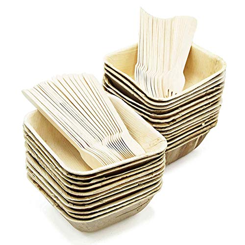 Party Disposable Bowls Dinnerware Set of 75 - Palm Leaf Plates (25) - 16 oz Square Deep Dishes, Wooden Forks(25) & Spoons (25) - Compostable. Great For Wedding, Camping, Birthday, Holidays