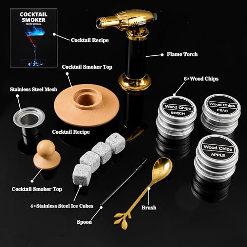 Whisky Cocktail Smoker Kit with 4 Granite Stones for Men Gift | Gift Idea for Men Birthday, Whiskey Box, 6 Wood Chips, Bourbon, Old Fashioned, Home Bar, Butane Free