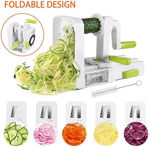 [NEWLY IMPROVED] Vegetable Spiralizer, 5 Blade Spiralizer Vegetable Slicer, Veggie Pasta Spaghetti Maker, Foldable Design with Cleaning Brush & Super Strong Suction Pad By Uvistare