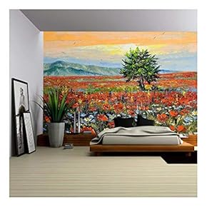 Lonely Tree in a Floor with Poppies at Bottom of Mountains - Removable Wall Mural | Self-Adhesive Large Wallpaper - 66x96 inches