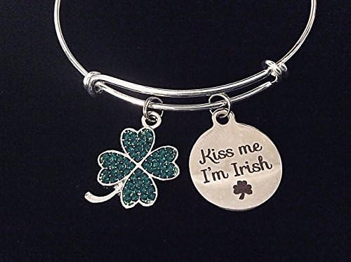 Kiss Me I'm Irish Jewelry Adjustable Bracelet Expandable Charm Bracelet Green Crystal Shamrock Four Leaf Clover Silver Bangle Gift Personalization Available