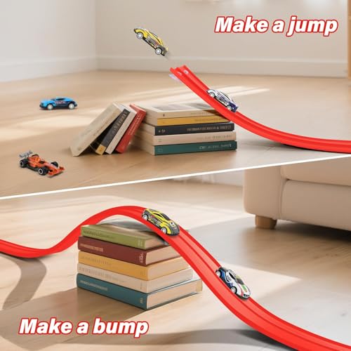 5m Flexible Car Race Track, Fits Hot Wheels & Diecast 1/64 Cars, Roll-Up Loop Track with 4 Mini Cars and 8 Suction Cups, Portable Flex Track Toy Gift for Kids Ages 3+