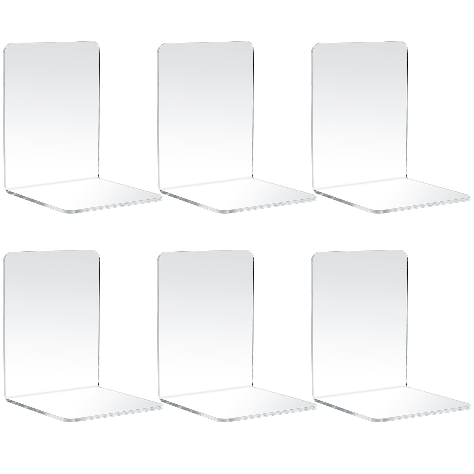 6 Pcs Acrylic Book Ends - Clear Non-Skid Heavy Duty Book Stoppers for Shelves, Home Office Desk & Bookshelf Organizer