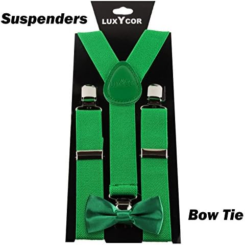 LUXYCOR Adjustable Kid's Suspenders with Bow Tie in Solid Colors (6-12 Years Old) (Green)