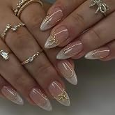 MAGLFELL Press On Nails Almond Shape Hnadmade Fake Nails, Acrylic Nails Cute Bow French Reusable Artificial Almond False Nail