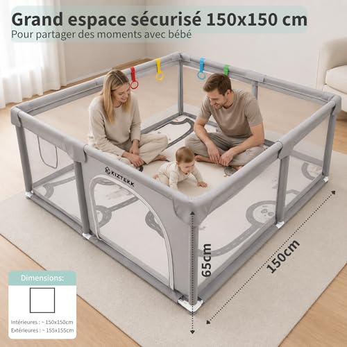 KIZTEKK - Baby Playpen 150 x 150 cm - Baby Playpen with Foldable Floor Mat - Large Secure Space - Reinforced Protection - 360° Visibility - 2 Storage Bags Included - 4 Support Rings