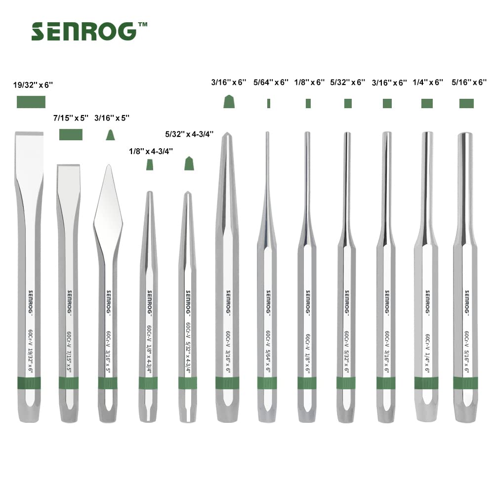 SENROG 12-Piece Punch and Chisel Set, Including Pin Punch, Cold Chisel, Taper Punch, Center Punch, Carrying Case, Widely Used in Factories, Repair Shops, Home