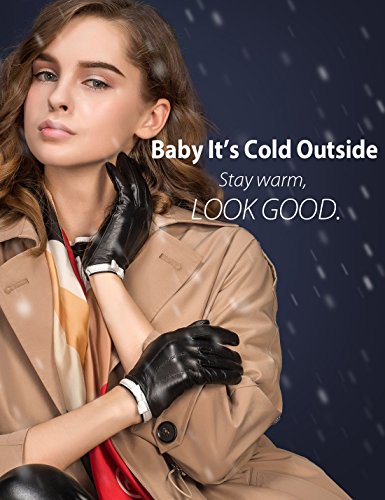 YISEVEN Women's Touchscreen Sheepskin Leather Gloves White Bow Knot Wool or Fleece Fur Lined Luxury for Ladies Winter Accessories Hand Warm Dress Motorcycle Driving Xmas Gifts, Black 7"/Medium