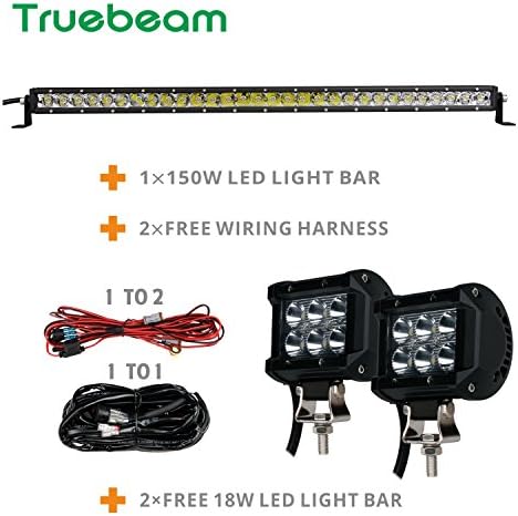 Led Light Bar Truebeam 31inch 150W Single Row Combo+2Pcs 18W 4'' Led Work Light Bars Spot Driving lights Led Fog Light Bars for Trucks Pickup Off Road ATV 4WD Wiring Kit (150W+2PCS Led Work Light Bar)