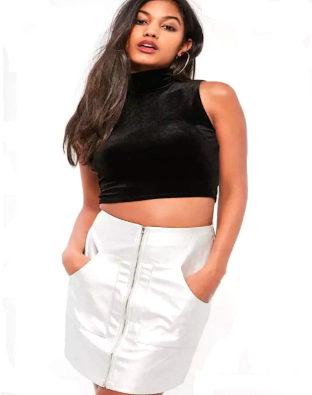 Black Velvet Blouse Crop Top High Neck Cut Sleeve (Stretch)