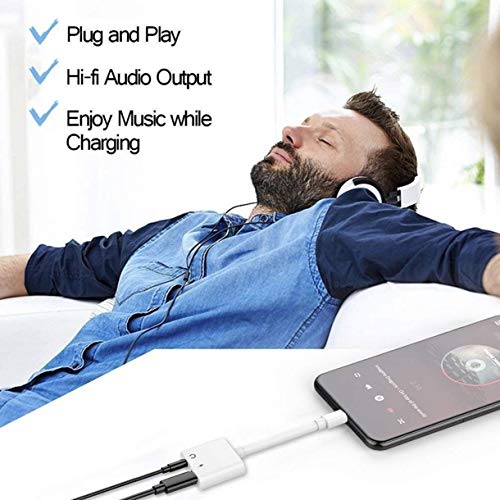 Headphones Adaptor for iPhone Xs/Xs Max/XR/ 8/8Plus/X(10)/7/7Plus to 3.5mm Jack Converter Car Charge Accessories Cables & Audio Connector 2 in 1 Earphone Splitter Adaptor Support All iOS Syste -White