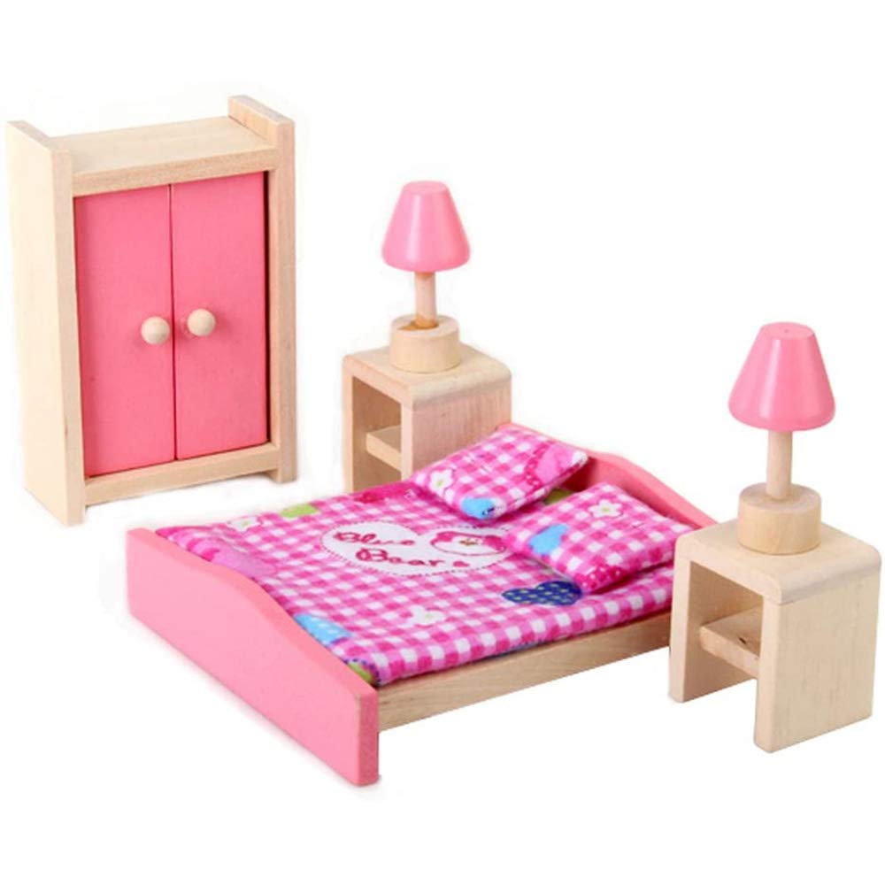 POFET Wooden Pink Bedroom Playset Pretend Play Doll House Furniture Set Realistic Miniature Display Model Figures Bed Wardrobe Dressing Table Crib