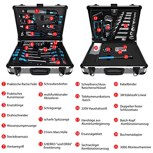 LARS360 208tlg Werkzeugsatz im Alukoffer Universal Bestückt Werkzeugkiste Haushalts Werkzeugkoffer inkl. Kunstmesser… – Bild 3