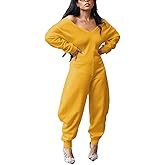 YOUFE Womens Sexy Solid Color Jumpsuit Comfy V Neck Off Shoulder Long Sleeve Wide Leg Romper Baggy Club Sweatsuit Outfit