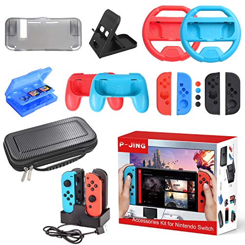 Accessories Kit for Nintendo Switch, 17 in 1 Essential Kit Including Carry Case Games Starter Wheel Grip Controller Charger TPU Cover Joy Con Covers Thumb Caps Game Card Slot Holder - Thumbnail 7