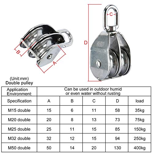 DasMarine 2 Pack M32 Double Pulley Block in 304 Stainless Steel Crane Swivel Hook Double Pulley Roller Loading (M32)