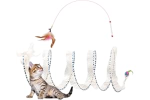 AVYDIIF Spiral Tunnel Cat Toy, 25.59 Inches Unfolded with Cat Wand Self Play Collapsible, Hunting Spiral Tunnel with Feather Mouse Toys and Bell for Indoor Kitten Play Chase Exercise (Blue)
