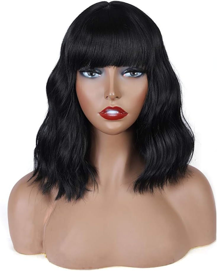 Ukeyla Short Bob Black Wig Natural Color Middle Part Bob Wigs Synthetic Wig With Bangs Pastel Wave Curly Hair Women's Shoulder Length Wigs