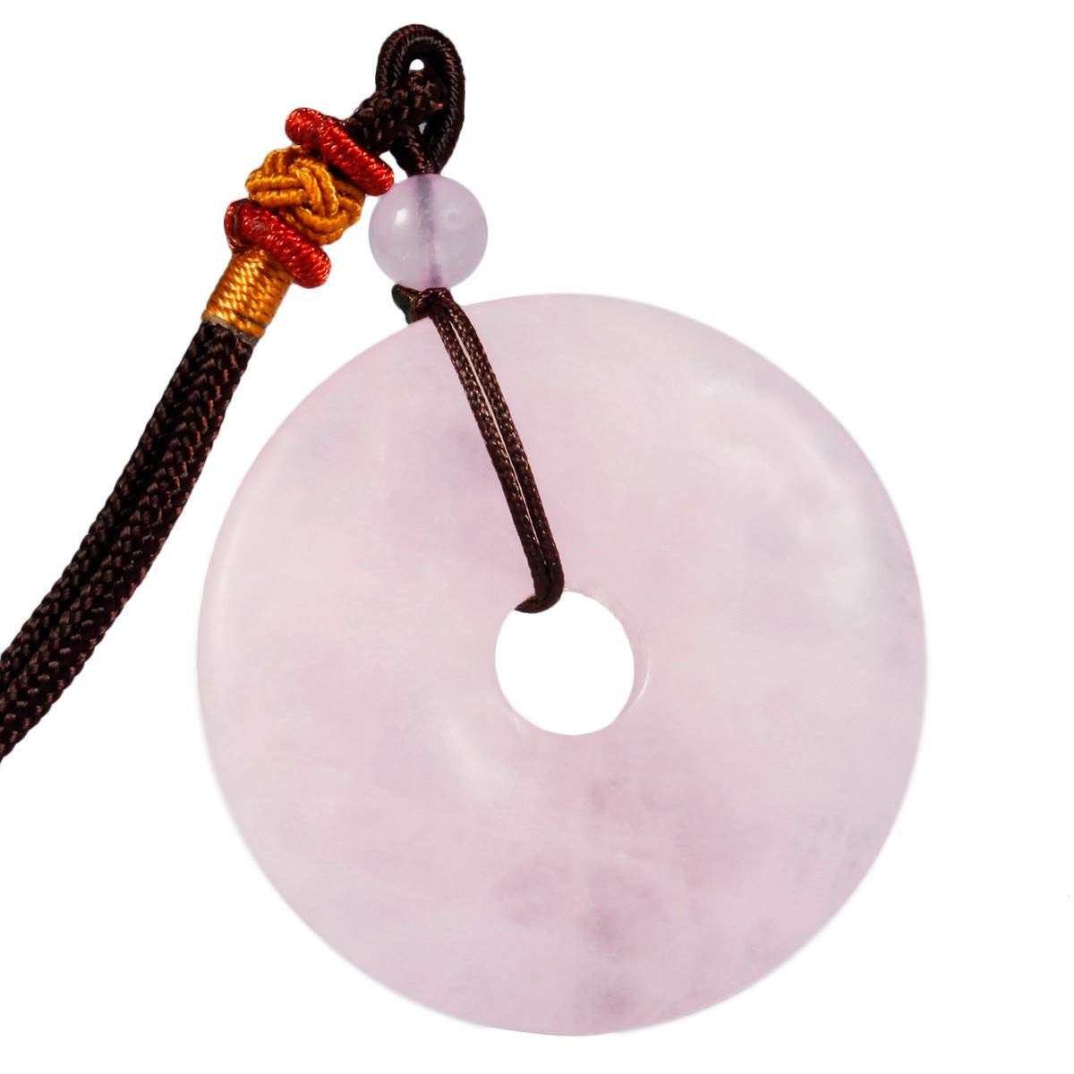 mookaitedecor Rose Quartz Donut Stone Pendant Necklace Women, Healing Crystal Lucky Coin Necklace Gift, Reiki Chakra Pink Crystal Round Semi Precious Stone Necklace with Adjustable Cord for Protection