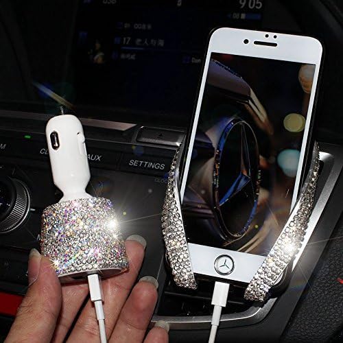TISHAA Bling Bling Car Air Vent Mobile Cellphone Pocket Bag Pouch Box Storage Organizer Carrying Case (Holder & Charger White)