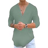Rela Bota Mens Hawaiian V-Neck Shirt Solid Hippie Shirts Yoga Henley Shirt Beach Wear