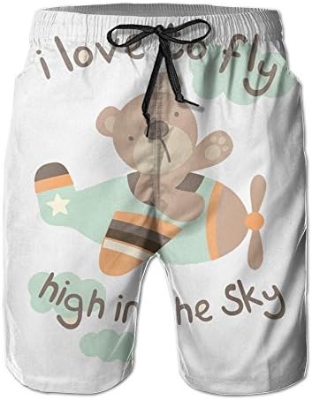 Tisky Mens Swim Trunks - Watershort Swimsuit - Cargo Pockets - Drawstring Waist Bear Pilot Love Fly High