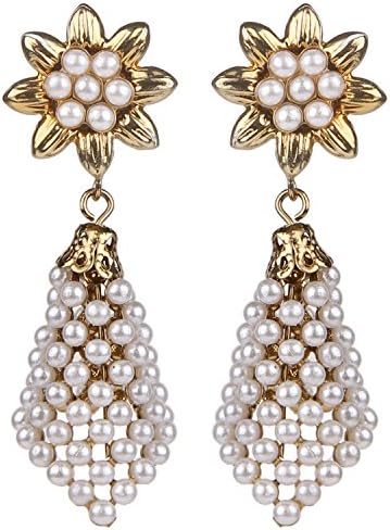 Efulgenz Fashion White Gold Plated Metal Chandbali Pearl Kundan Traditional Jhumka Jhumki Hangings Dangle Drop Earrings for Women