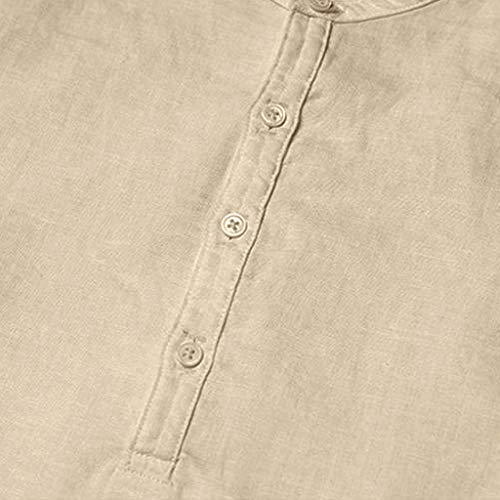 Ximandi Men's Baggy Cotton Linen SOID Color Short Sleeve Retro T Shirts Tops Blouse Khaki