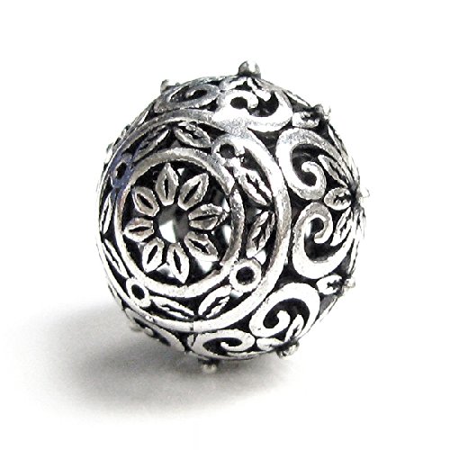 925 Sterling Silver Bali Round 12mm Flower Pattern Focal Ball Spacer Bead